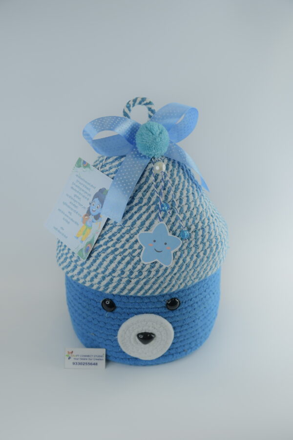 Blue Teddy Cotton Rope Baskets with Lid - Image 3